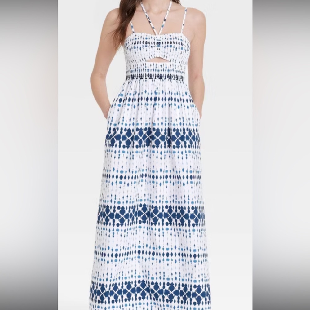 Universal Thread White and Navy Blue Tie-Dye Maxi Dress